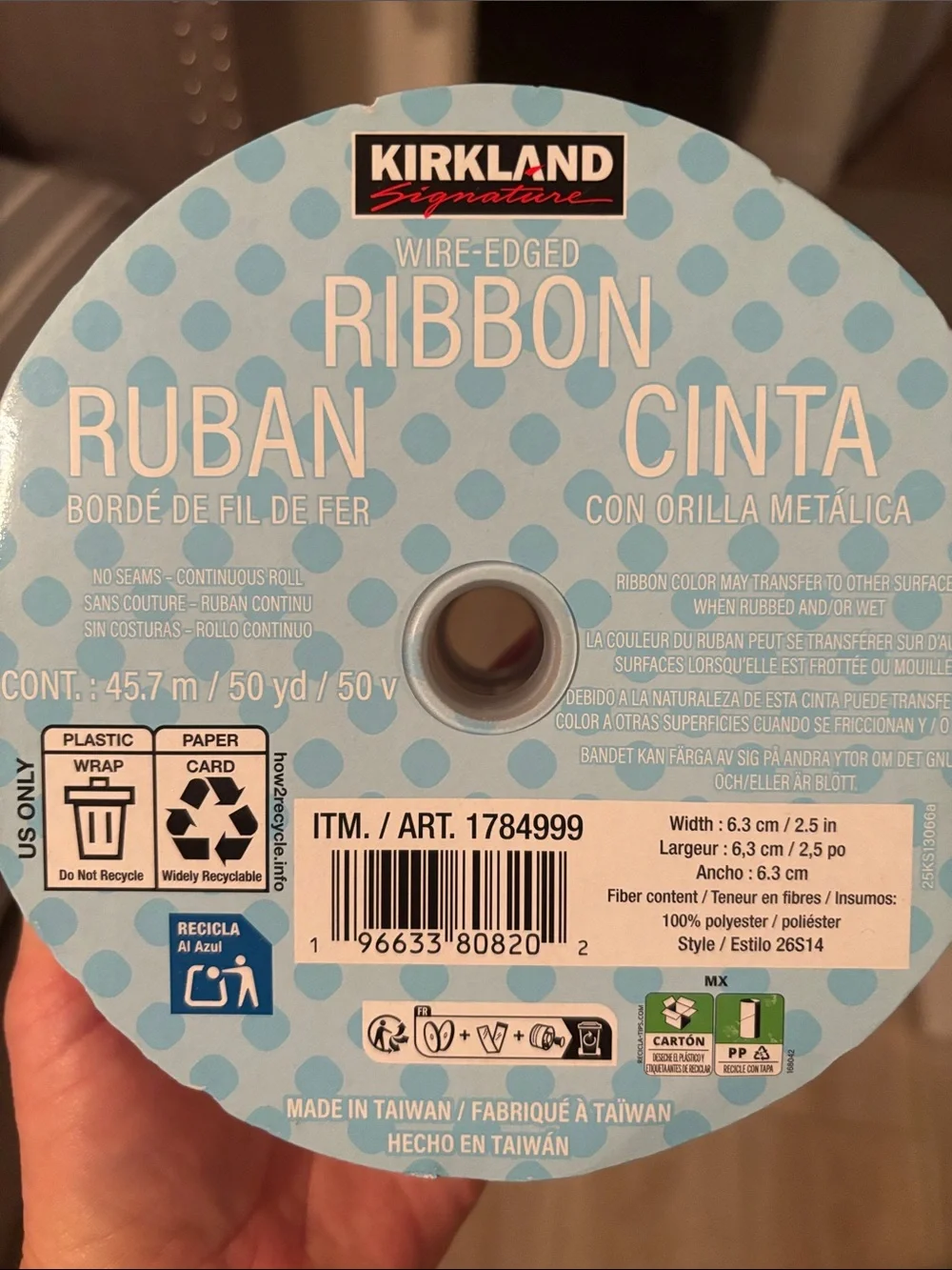 NEW Kirkland Sealed White Wired Ribbon with Multicolor candles. 2.5 in X 50 yrds